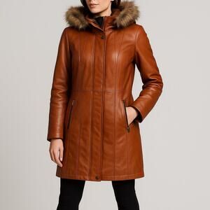 Decrum Women’s Real Leather Hooded Parka Coat Cognac Faux Fur Trim – Size XL NWT
